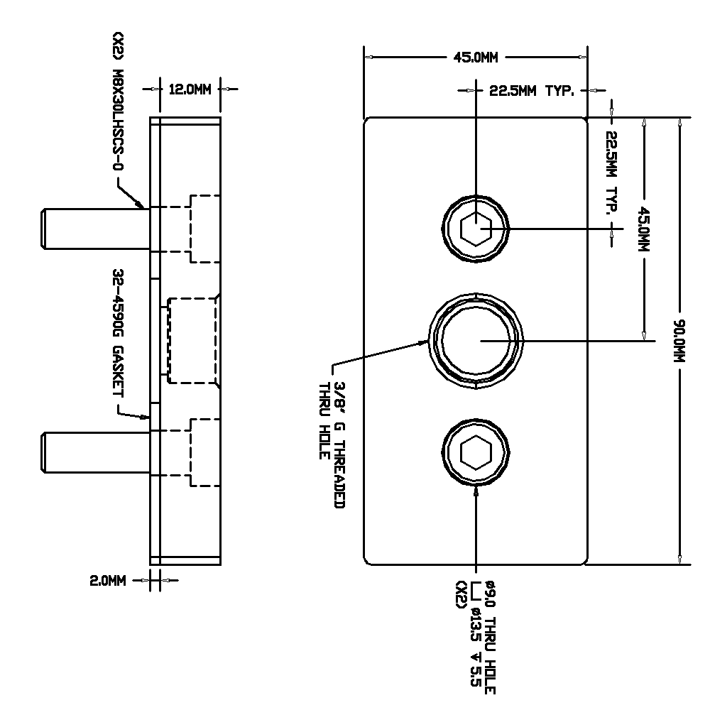32-459038G-1 MODULAR SOLUTIONS PNEUMATIC PLATE 45MM X 90MM WITH GASKET 3/8 G THREADED CENTER THRU HOLE